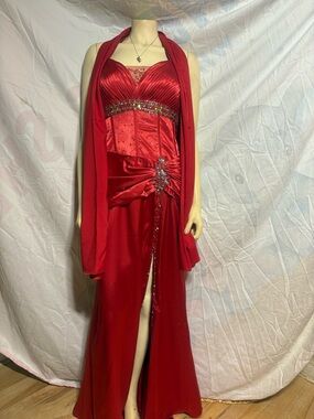 Elegant Red Evening Gown with Beaded Accents